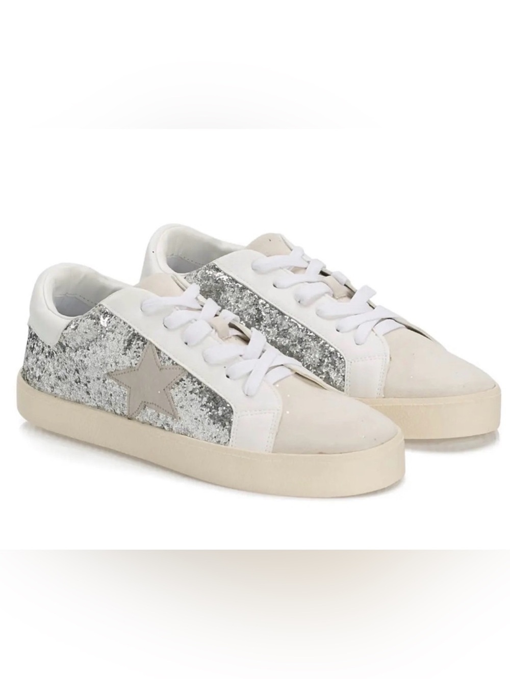 Steve Madden Girl NEW Larrk Silver Glitter Star 8.5 Low Top Laces Sneakers Shoes
